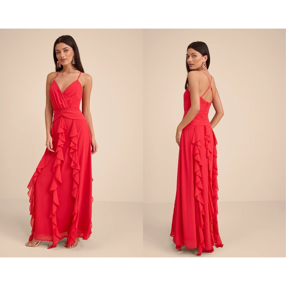 Lulus Astraea Red Surplice Ruffled Maxi Dress Size Small